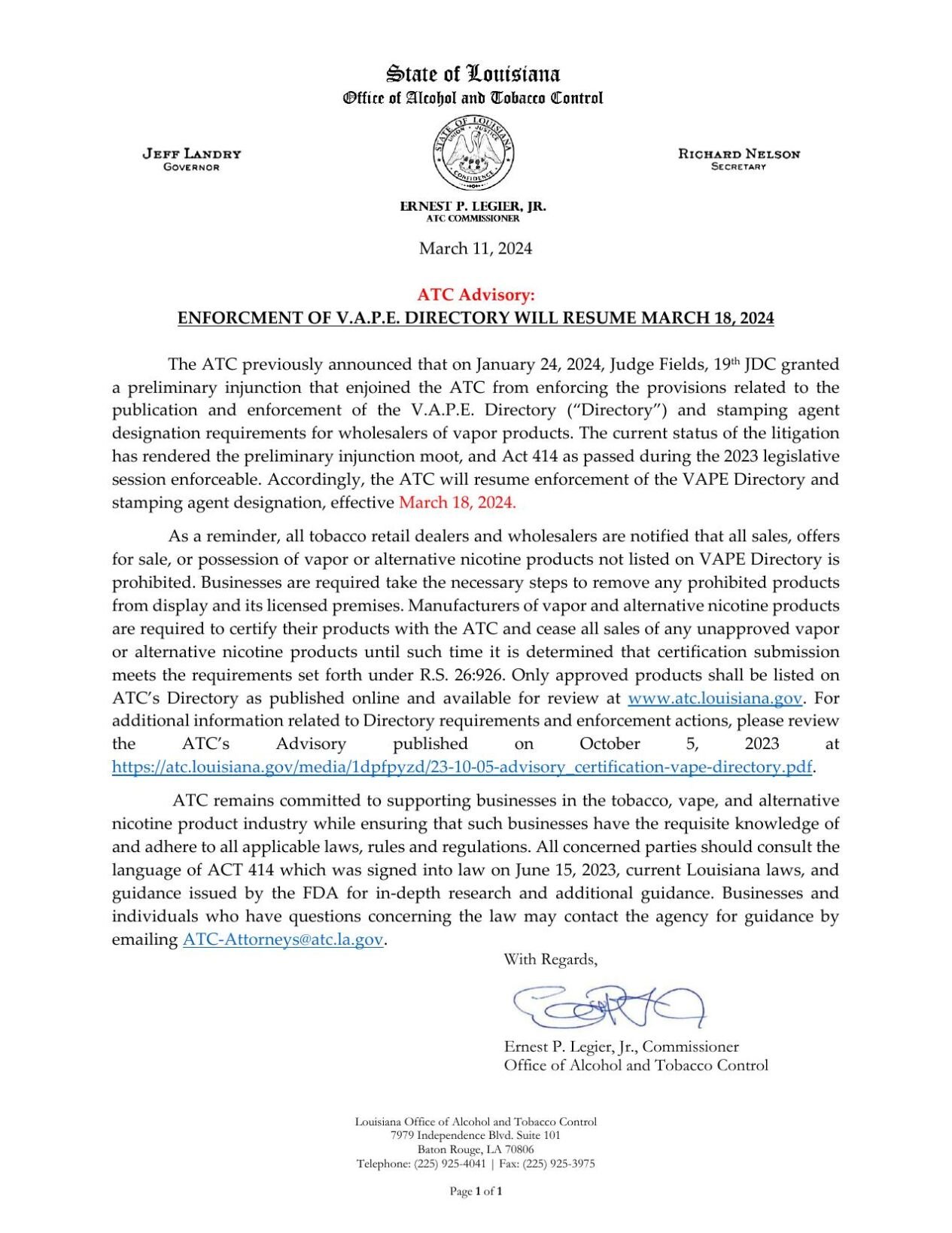 ATC Enforcement of Vape Directory Resumes